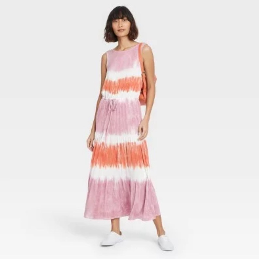 Knox Rose Women’s Medium Tie Dye Maxi Dress Pink Orange Sleeveless Tiered Boho